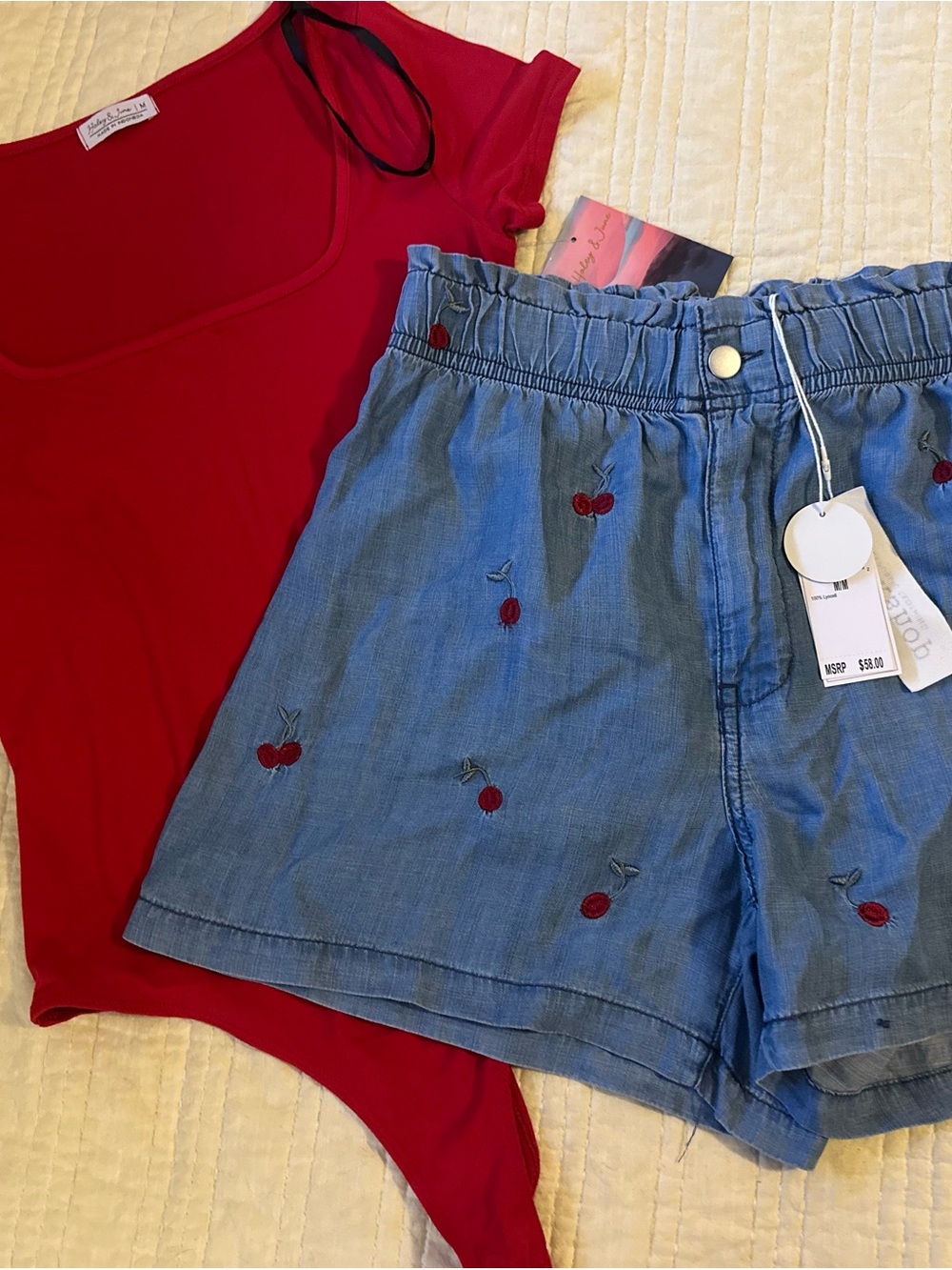 Workshop High-Waist Chambray Cherry Embroidered 2 pc Medium NWT